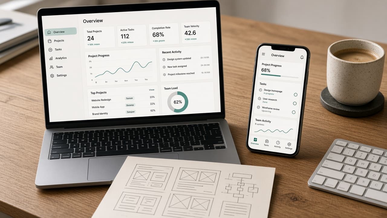 Laptop and phone showing the same product dashboard, with a paper wireframe on the desk.
