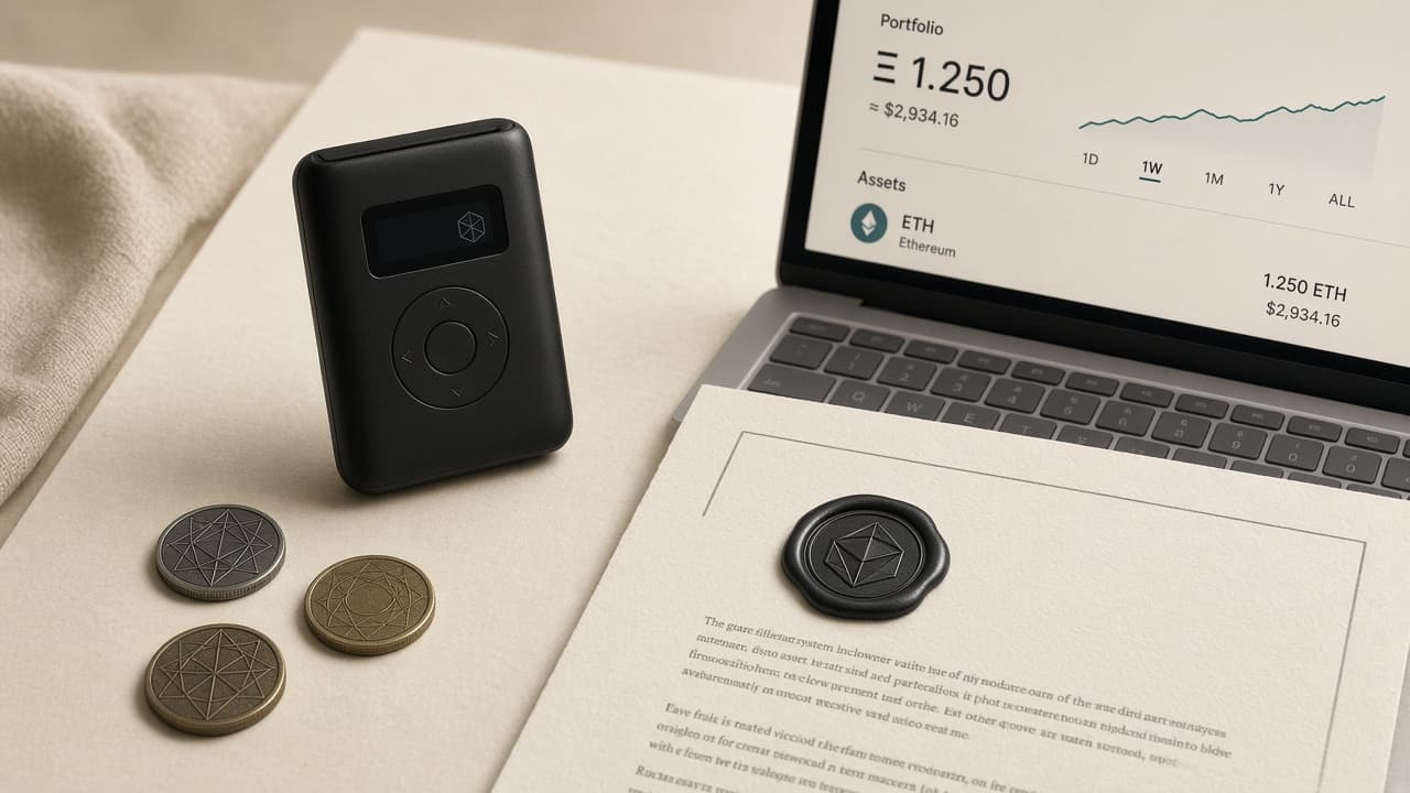 Hardware wallet, signed document, and a laptop open to an on-chain portfolio.